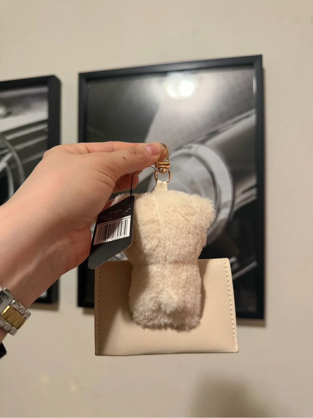 Plush Teddy Bear Card Holder Keychain - Cream